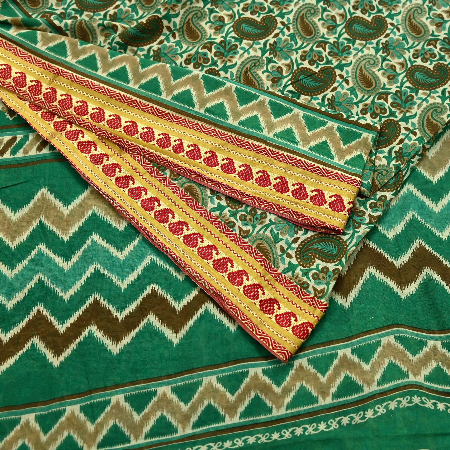 Indian Vintage Sari Beige & Green Pure Cotton Printed Sarees Craft Fabric Soft 5Yd Sarong Wrap Boho Paisley Kimono Quilting Crafting Upcycle