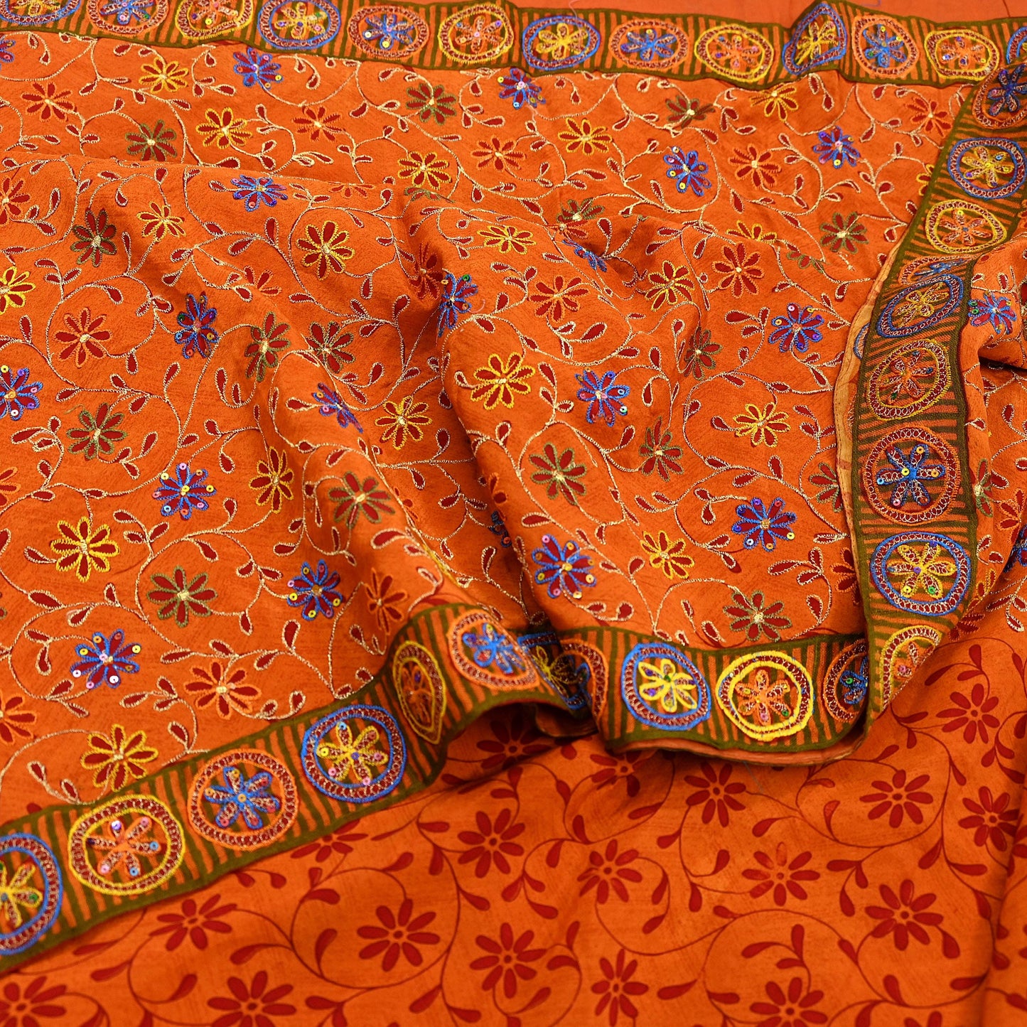 Indian Vintage Sari Orange Pure Crepe Silk Hand Embroidered Saree 5yd Sewing Floral Craft Fabric Sequins Dress making Crafting Quilting