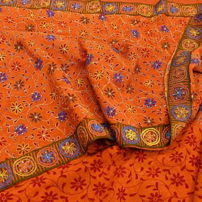 Indian Vintage Sari Orange Pure Crepe Silk Hand Embroidered Saree 5yd Sewing Floral Craft Fabric Sequins Dress making Crafting Quilting