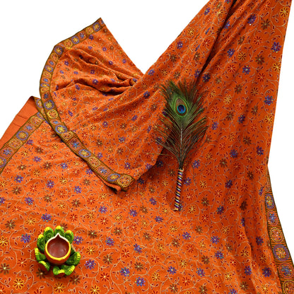 Indian Vintage Sari Orange Pure Crepe Silk Hand Embroidered Saree 5yd Sewing Floral Craft Fabric Sequins Dress making Crafting Quilting