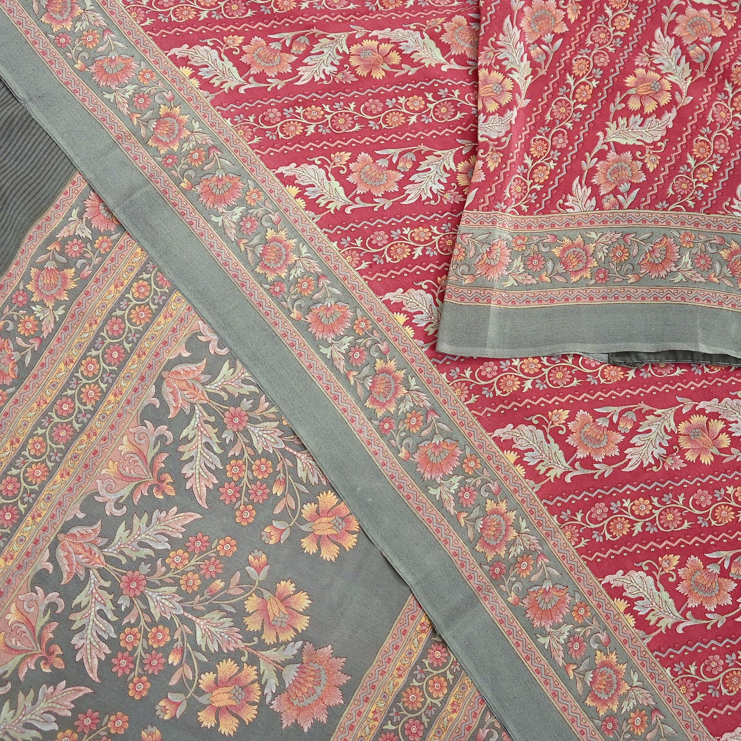 Indian Vintage Sari Green & Pink Pure Crepe Silk Printed Saree 6yd Sewing Floral Soft Craft Fabric Wrap Dress making Crafting Quilting