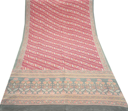 Indian Vintage Sari Green & Pink Pure Crepe Silk Printed Saree 6yd Sewing Floral Soft Craft Fabric Wrap Dress making Crafting Quilting