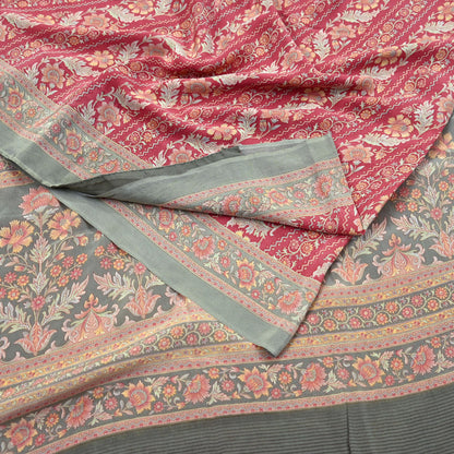 Indian Vintage Sari Green & Pink Pure Crepe Silk Printed Saree 6yd Sewing Floral Soft Craft Fabric Wrap Dress making Crafting Quilting