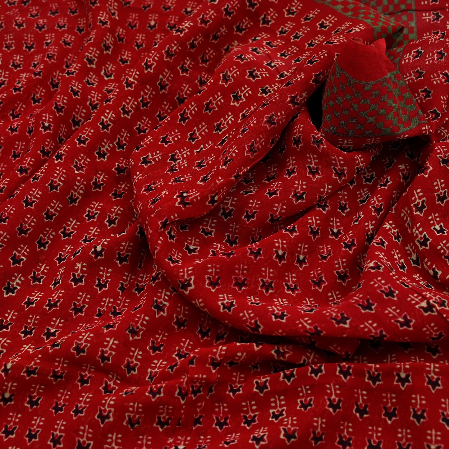 Indian Vintage Red Saree Blend Georgette Block Printed Sari Sewing 5yd Craft Fabric Dress Designing for Dress making