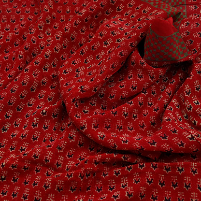 Indian Vintage Red Saree Blend Georgette Block Printed Sari Sewing 5yd Craft Fabric Dress Designing for Dress making