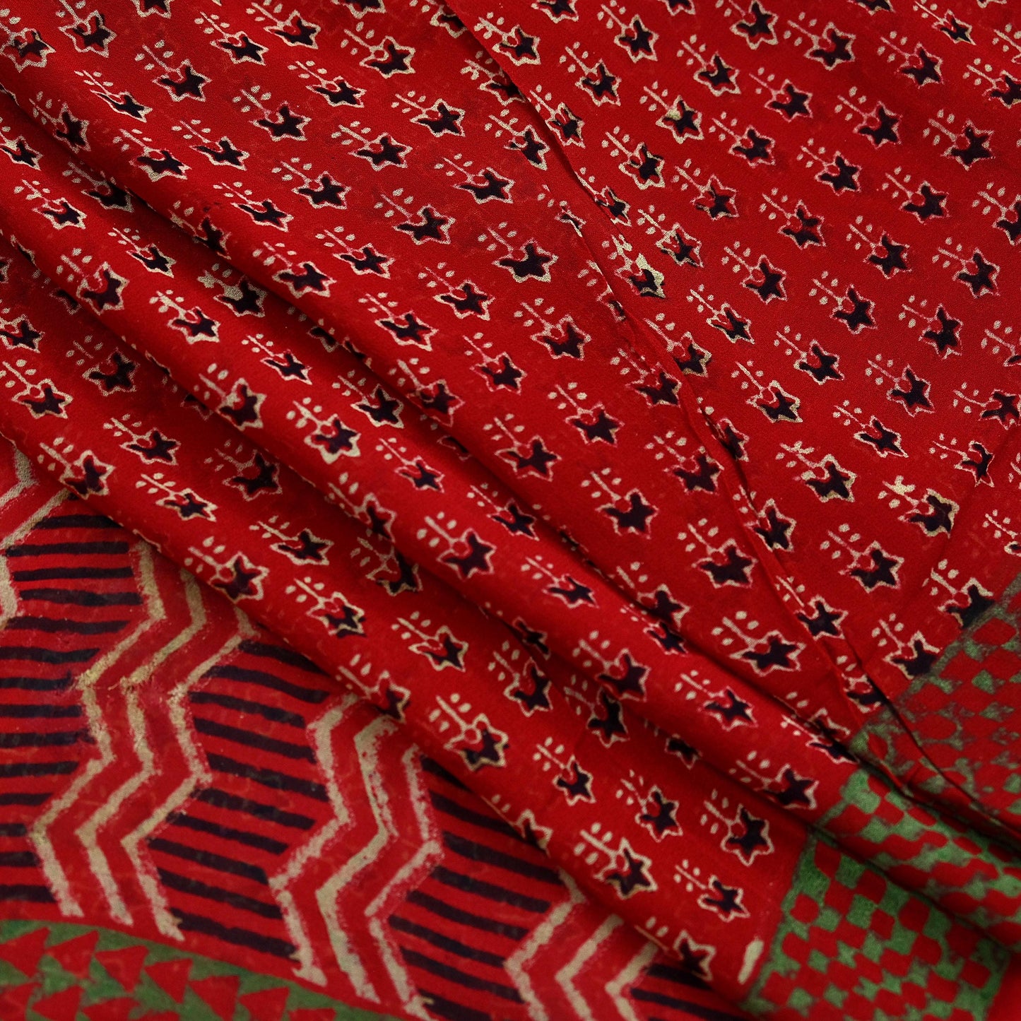Indian Vintage Red Saree Blend Georgette Block Printed Sari Sewing 5yd Craft Fabric Dress Designing for Dress making