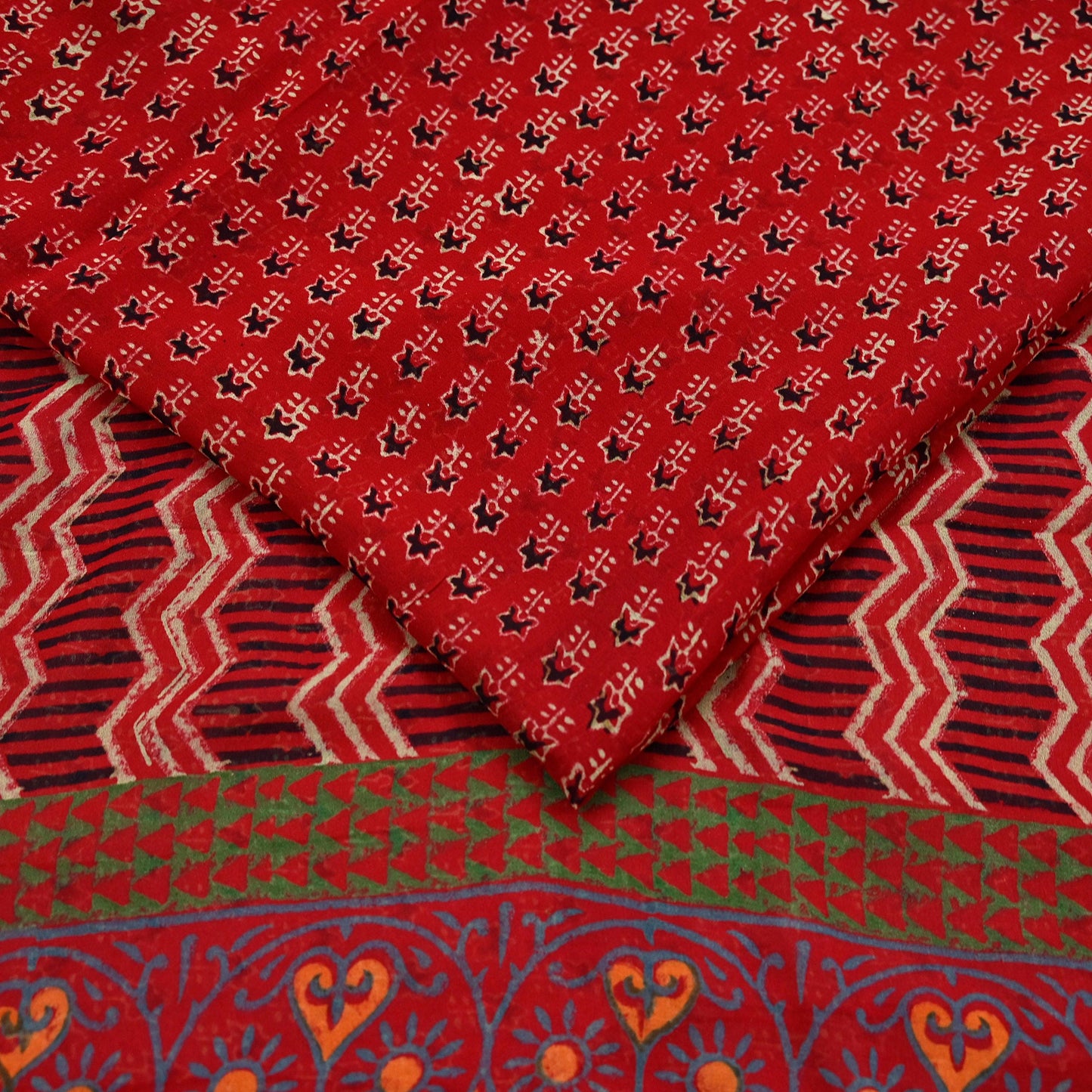 Indian Vintage Red Saree Blend Georgette Block Printed Sari Sewing 5yd Craft Fabric Dress Designing for Dress making