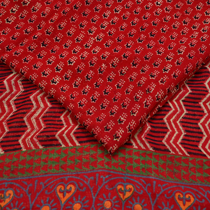 Indian Vintage Red Saree Blend Georgette Block Printed Sari Sewing 5yd Craft Fabric Dress Designing for Dress making