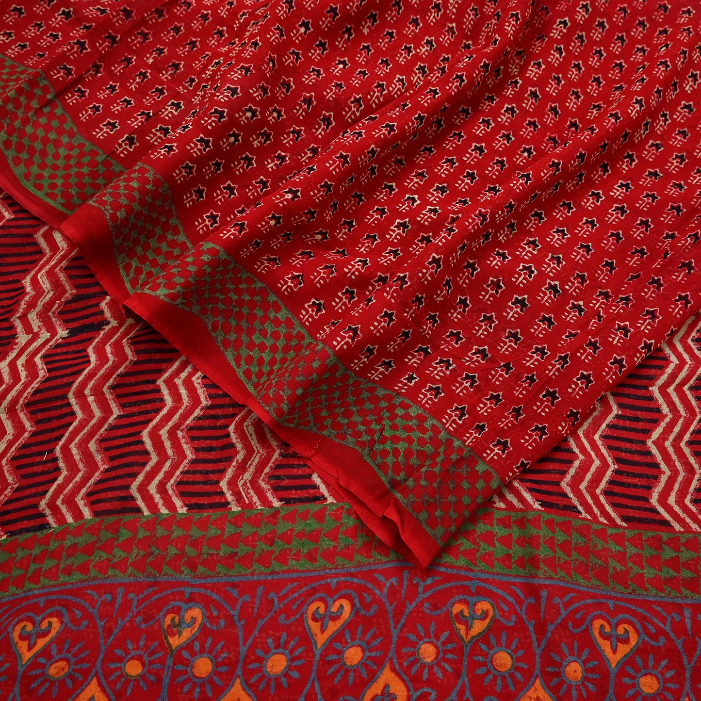 Indian Vintage Red Saree Blend Georgette Block Printed Sari Sewing 5yd Craft Fabric Dress Designing for Dress making