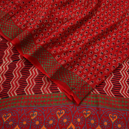 Indian Vintage Red Saree Blend Georgette Block Printed Sari Sewing 5yd Craft Fabric Dress Designing for Dress making
