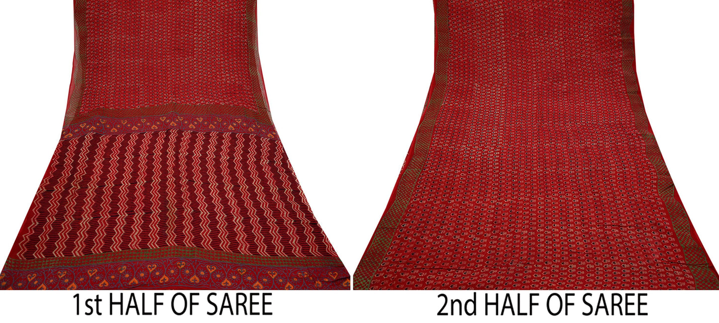 Indian Vintage Red Saree Blend Georgette Block Printed Sari Sewing 5yd Craft Fabric Dress Designing for Dress making