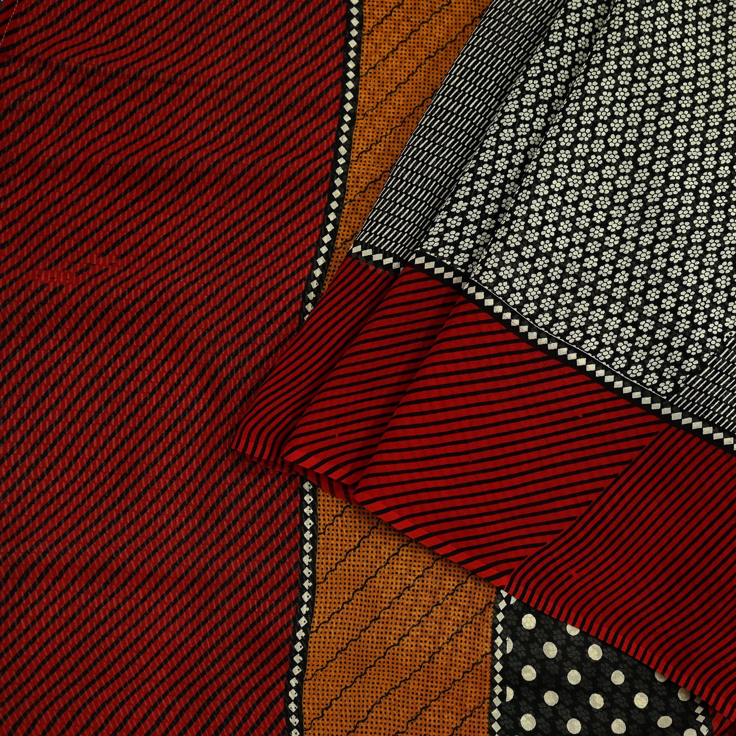 Indian Women Vintage Red & Black Saree 100% Pure Georgette Silk Printed Sari Sewing 5yd Soft Craft Fabric Stripes Dress Making Crafting