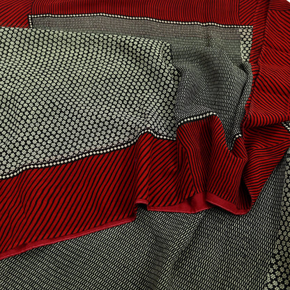 Indian Women Vintage Red & Black Saree 100% Pure Georgette Silk Printed Sari Sewing 5yd Soft Craft Fabric Stripes Dress Making Crafting