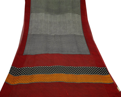 Indian Women Vintage Red & Black Saree 100% Pure Georgette Silk Printed Sari Sewing 5yd Soft Craft Fabric Stripes Dress Making Crafting