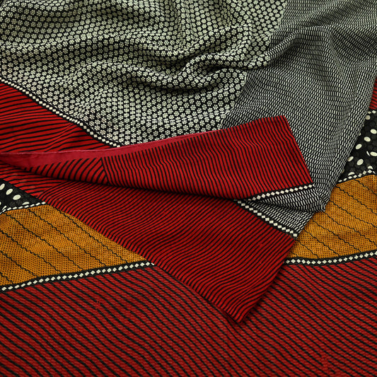 Indian Women Vintage Red & Black Saree 100% Pure Georgette Silk Printed Sari Sewing 5yd Soft Craft Fabric Stripes Dress Making Crafting