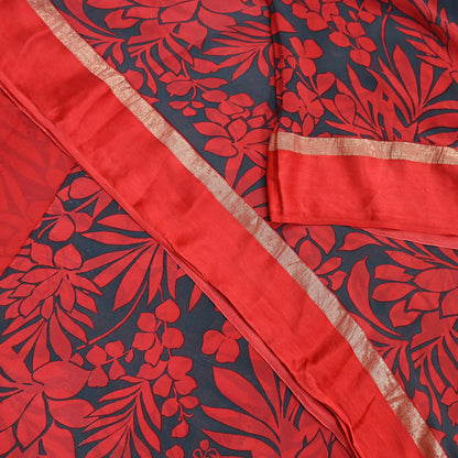 Women Vintage Sari Red & Gray Pure Georgette Silk Printed Saree Craft Fabric Sewing 5Yd Soft Light Dress Making Floral Crafting Quilting