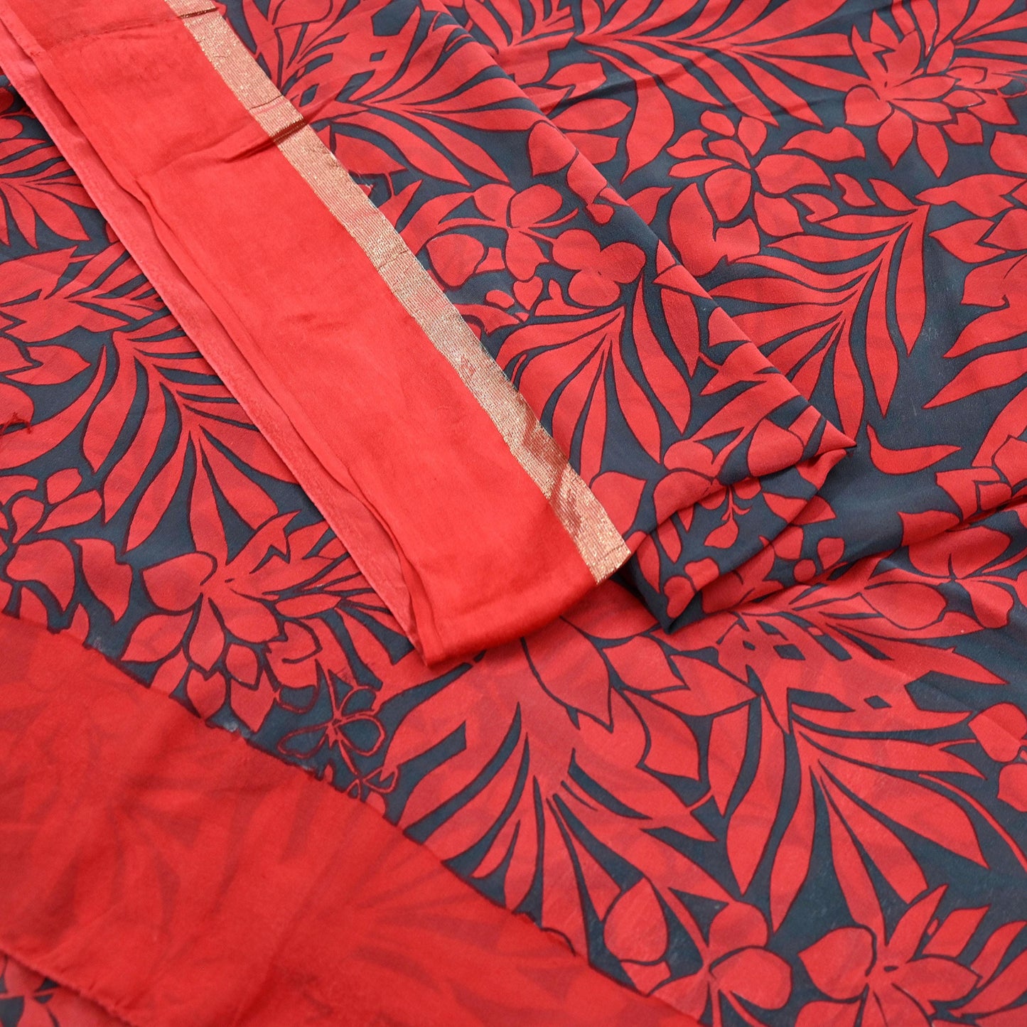Women Vintage Sari Red & Gray Pure Georgette Silk Printed Saree Craft Fabric Sewing 5Yd Soft Light Dress Making Floral Crafting Quilting