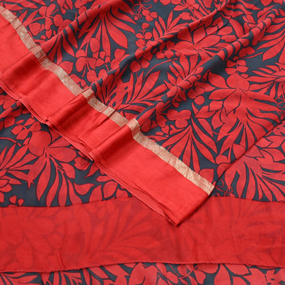 Women Vintage Sari Red & Gray Pure Georgette Silk Printed Saree Craft Fabric Sewing 5Yd Soft Light Dress Making Floral Crafting Quilting