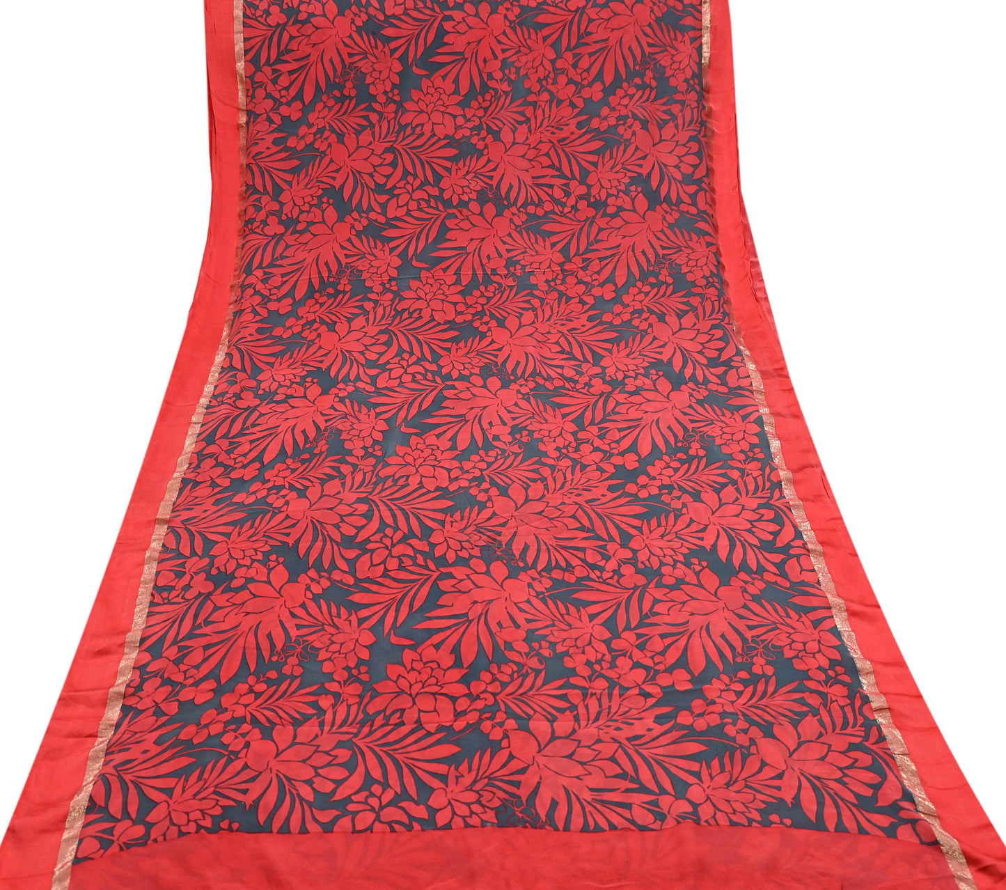 Women Vintage Sari Red & Gray Pure Georgette Silk Printed Saree Craft Fabric Sewing 5Yd Soft Light Dress Making Floral Crafting Quilting