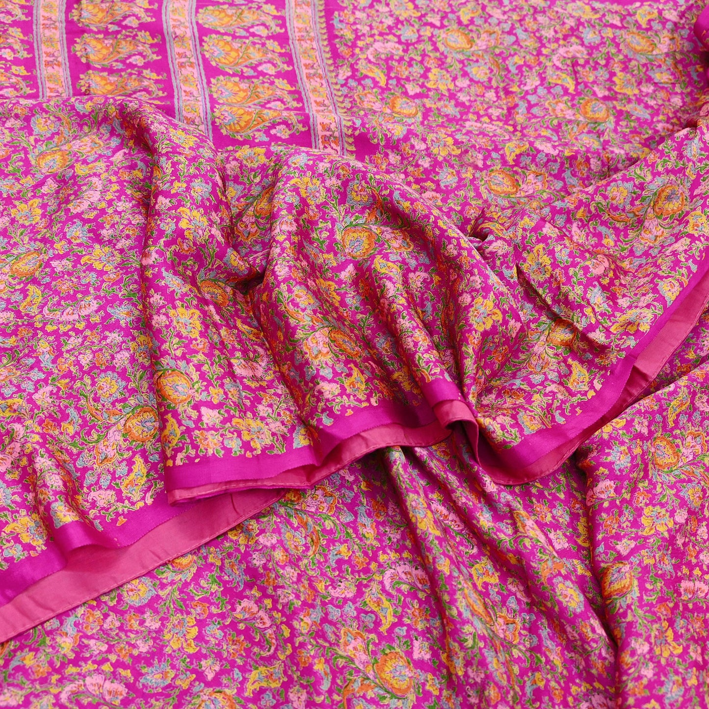 Indian Vintage Sari Rani Pink 100% Pure Silk Woven Printed Sarees Craft Fabric 5yd Sewing Dress Making Floral Upcycle Quilting Crafting Used