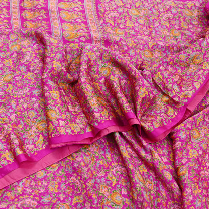 Indian Vintage Sari Rani Pink 100% Pure Silk Woven Printed Sarees Craft Fabric 5yd Sewing Dress Making Floral Upcycle Quilting Crafting Used