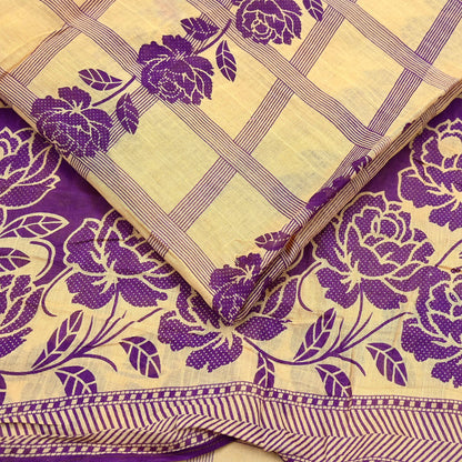 Indian Vintage Sari Beige & Purple Pure Cotton Printed Sarees Craft Fabric Soft 5Yd Sarong Wrap Boho Fabric Kimono Quilting Crafting Upcycle