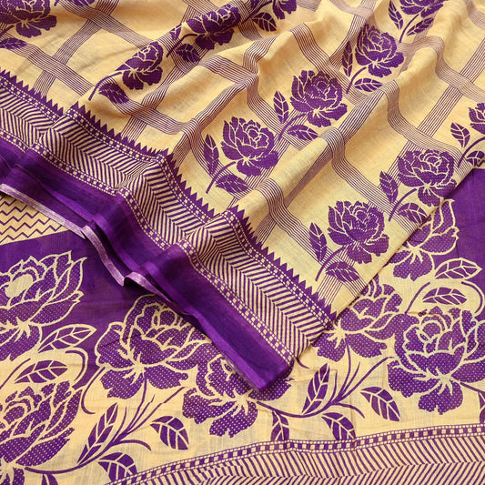 Indian Vintage Sari Beige & Purple Pure Cotton Printed Sarees Craft Fabric Soft 5Yd Sarong Wrap Boho Fabric Kimono Quilting Crafting Upcycle