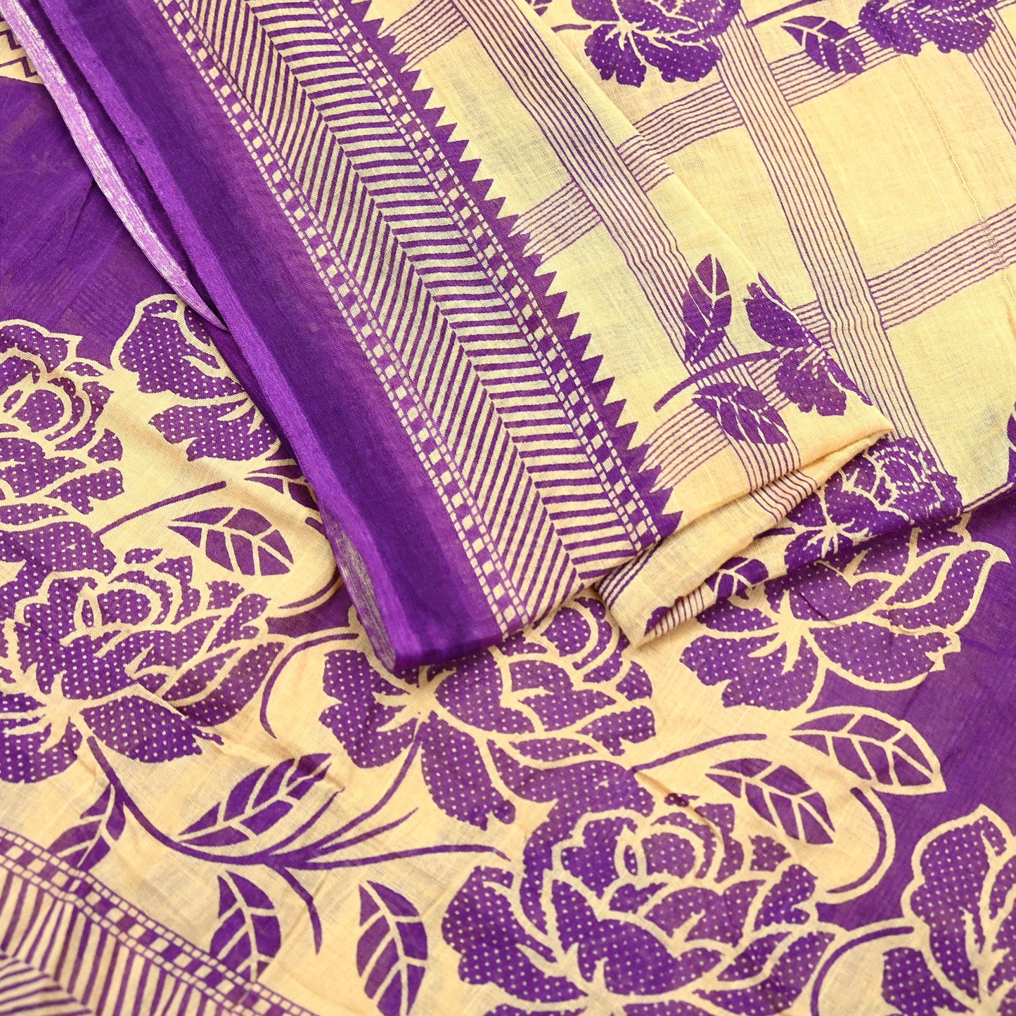 Indian Vintage Sari Beige & Purple Pure Cotton Printed Sarees Craft Fabric Soft 5Yd Sarong Wrap Boho Fabric Kimono Quilting Crafting Upcycle