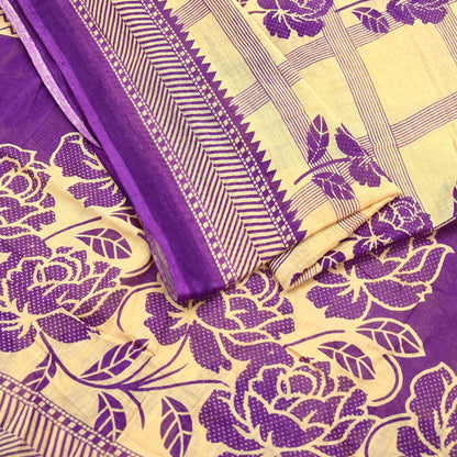 Indian Vintage Sari Beige & Purple Pure Cotton Printed Sarees Craft Fabric Soft 5Yd Sarong Wrap Boho Fabric Kimono Quilting Crafting Upcycle