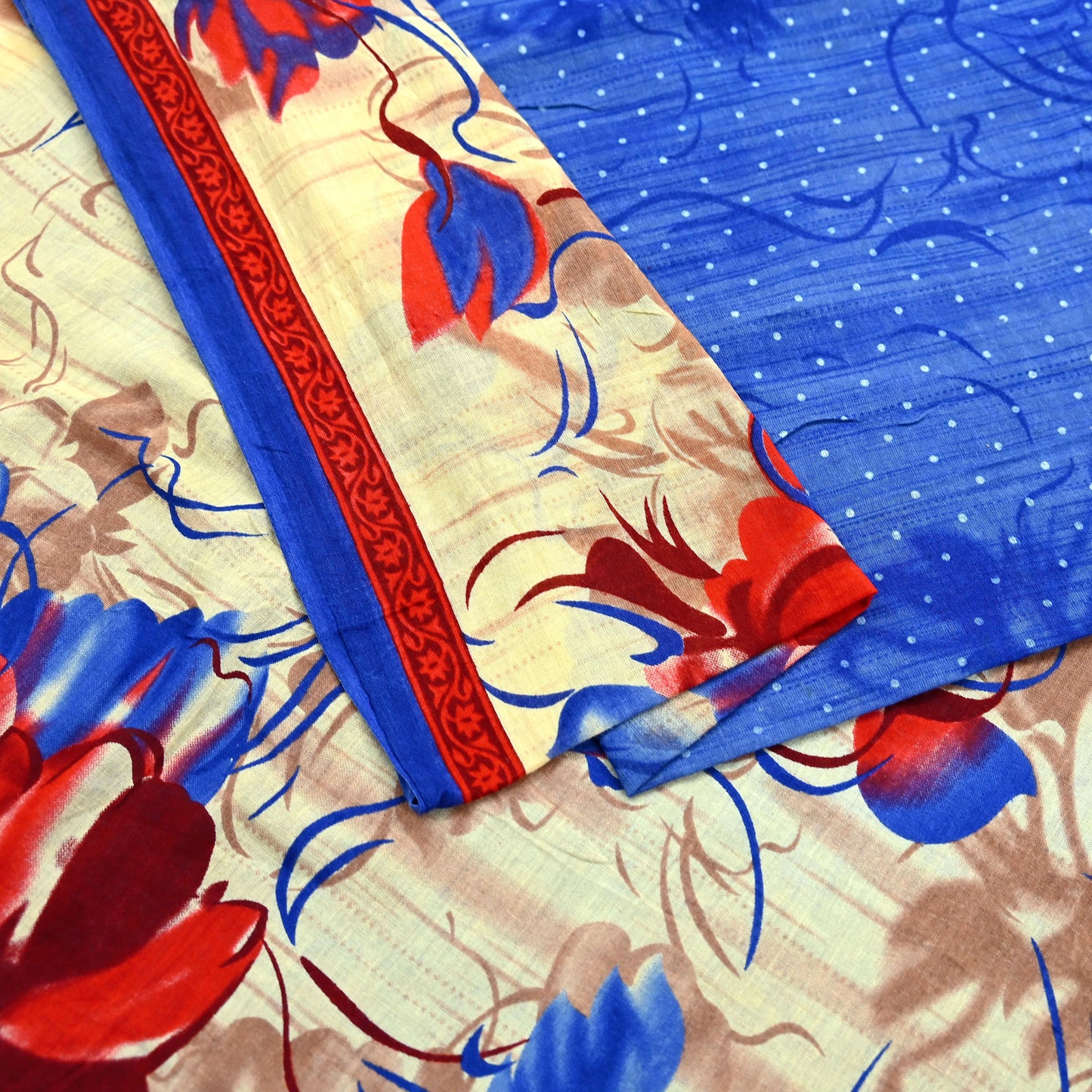 Indian Vintage Sari Blue & Beige Printed 100% Pure Cotton Sarees Craft Fabric 5Yd Sewing Soft Sarong Wrap Floral Dress Making Shrug Quilting