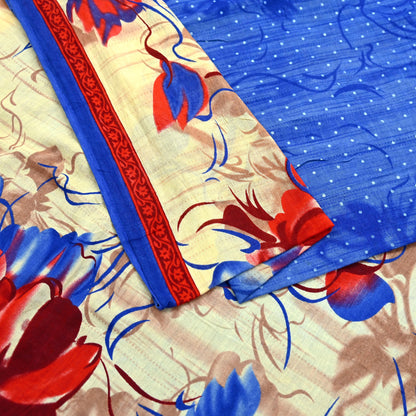 Indian Vintage Sari Blue & Beige Printed 100% Pure Cotton Sarees Craft Fabric 5Yd Sewing Soft Sarong Wrap Floral Dress Making Shrug Quilting