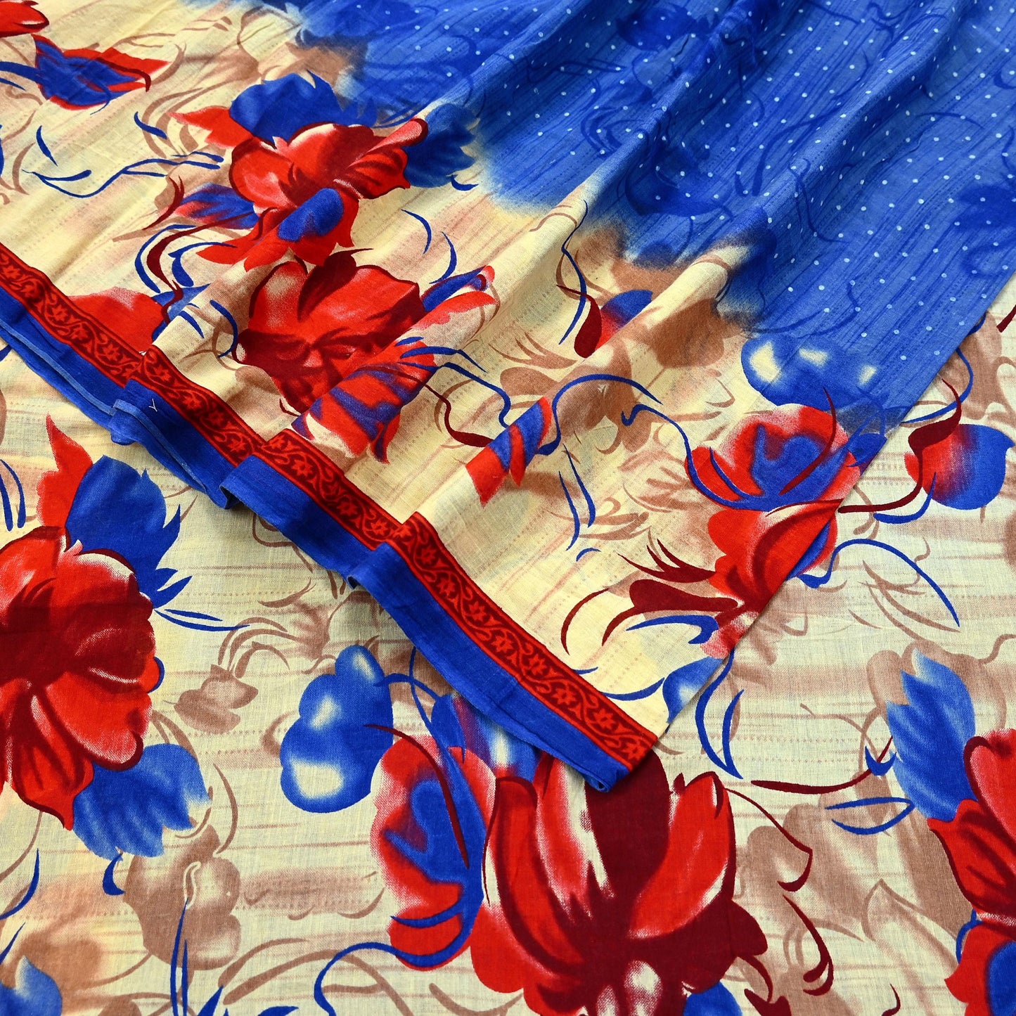 Indian Vintage Sari Blue & Beige Printed 100% Pure Cotton Sarees Craft Fabric 5Yd Sewing Soft Sarong Wrap Floral Dress Making Shrug Quilting