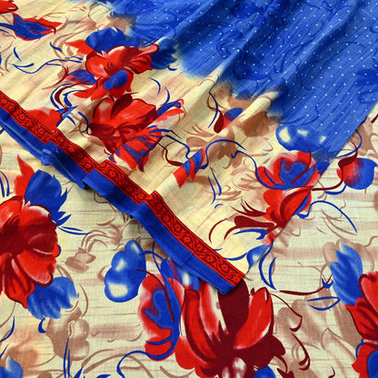 Indian Vintage Sari Blue & Beige Printed 100% Pure Cotton Sarees Craft Fabric 5Yd Sewing Soft Sarong Wrap Floral Dress Making Shrug Quilting