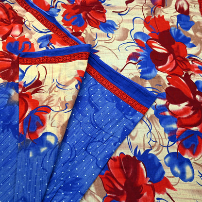 Indian Vintage Sari Blue & Beige Printed 100% Pure Cotton Sarees Craft Fabric 5Yd Sewing Soft Sarong Wrap Floral Dress Making Shrug Quilting