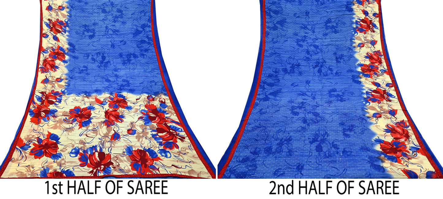 Indian Vintage Sari Blue & Beige Printed 100% Pure Cotton Sarees Craft Fabric 5Yd Sewing Soft Sarong Wrap Floral Dress Making Shrug Quilting