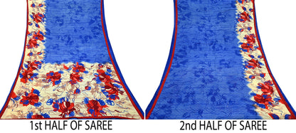 Indian Vintage Sari Blue & Beige Printed 100% Pure Cotton Sarees Craft Fabric 5Yd Sewing Soft Sarong Wrap Floral Dress Making Shrug Quilting