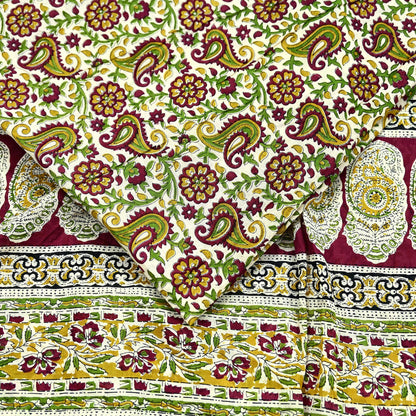 Indian Vintage Sari Ivory & Maroon Block Printed Pure Cotton Saree Fabric Soft Floral 5Yd Sarong Wrap Boho Fabric Kimono Soft