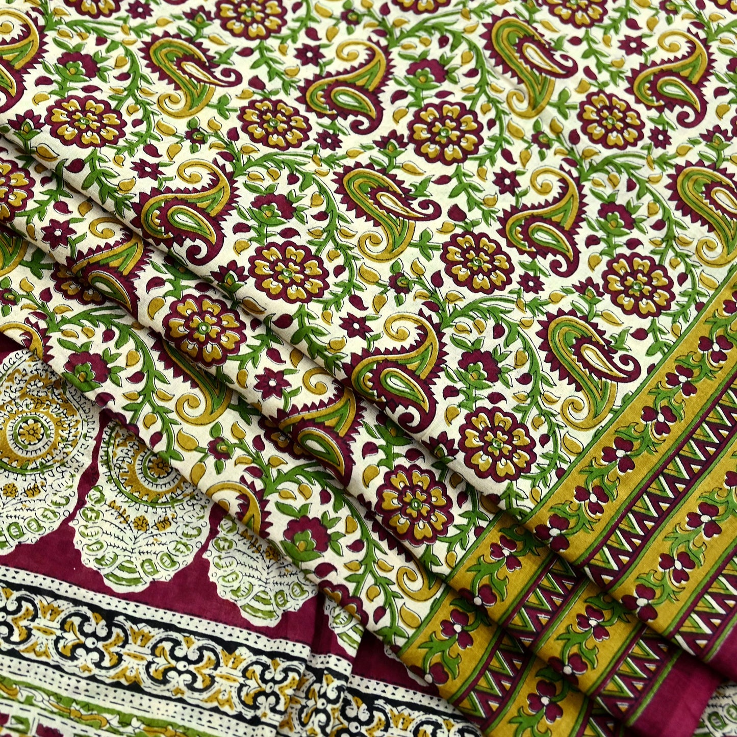 Indian Vintage Sari Ivory & Maroon Block Printed Pure Cotton Saree Fabric Soft Floral 5Yd Sarong Wrap Boho Fabric Kimono Soft