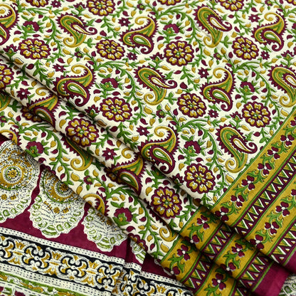 Indian Vintage Sari Ivory & Maroon Block Printed Pure Cotton Saree Fabric Soft Floral 5Yd Sarong Wrap Boho Fabric Kimono Soft