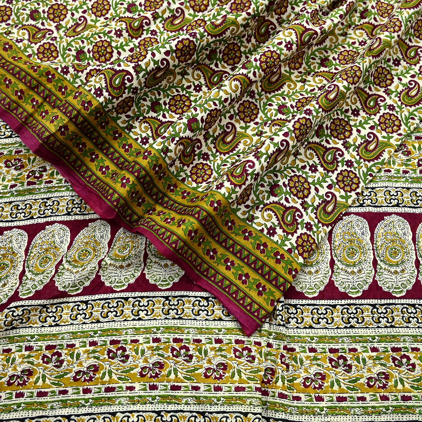 Indian Vintage Sari Ivory & Maroon Block Printed Pure Cotton Saree Fabric Soft Floral 5Yd Sarong Wrap Boho Fabric Kimono Soft