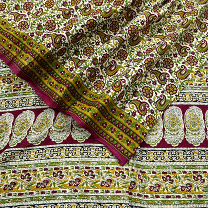 Indian Vintage Sari Ivory & Maroon Block Printed Pure Cotton Saree Fabric Soft Floral 5Yd Sarong Wrap Boho Fabric Kimono Soft
