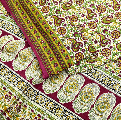 Indian Vintage Sari Ivory & Maroon Block Printed Pure Cotton Saree Fabric Soft Floral 5Yd Sarong Wrap Boho Fabric Kimono Soft