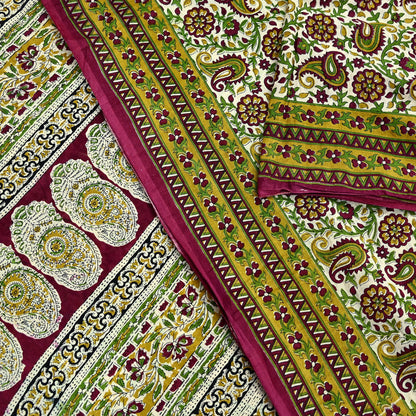 Indian Vintage Sari Ivory & Maroon Block Printed Pure Cotton Saree Fabric Soft Floral 5Yd Sarong Wrap Boho Fabric Kimono Soft