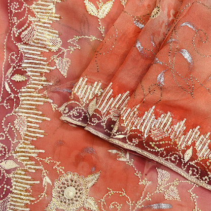Indian Vintage Sari Peach Hand Embroidered Pure Georgette Silk Sarees Craft Fabric 5Yd Sequins Wedding Sarees Quilting Crafting Upcycle