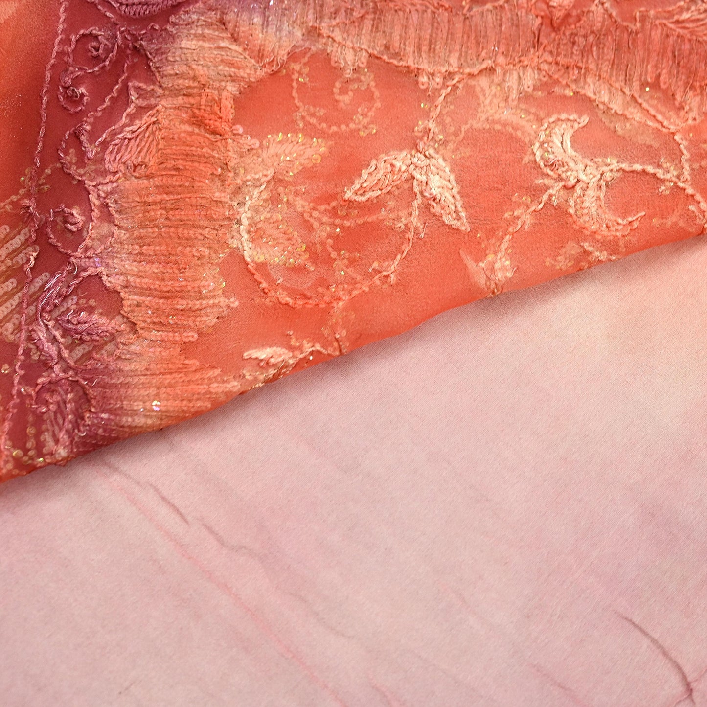 Indian Vintage Sari Peach Hand Embroidered Pure Georgette Silk Sarees Craft Fabric 5Yd Sequins Wedding Sarees Quilting Crafting Upcycle