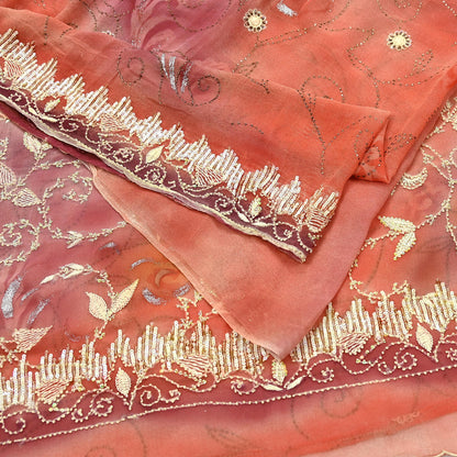 Indian Vintage Sari Peach Hand Embroidered Pure Georgette Silk Sarees Craft Fabric 5Yd Sequins Wedding Sarees Quilting Crafting Upcycle