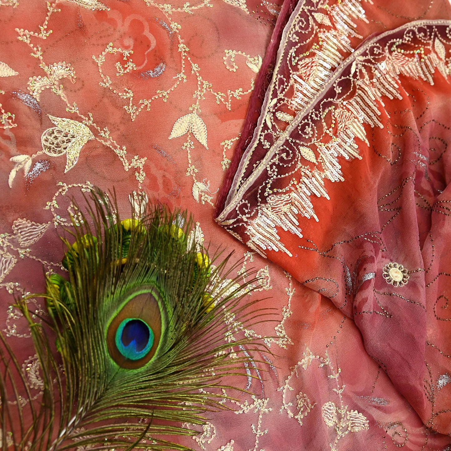 Indian Vintage Sari Peach Hand Embroidered Pure Georgette Silk Sarees Craft Fabric 5Yd Sequins Wedding Sarees Quilting Crafting Upcycle