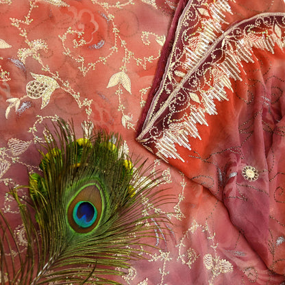 Indian Vintage Sari Peach Hand Embroidered Pure Georgette Silk Sarees Craft Fabric 5Yd Sequins Wedding Sarees Quilting Crafting Upcycle