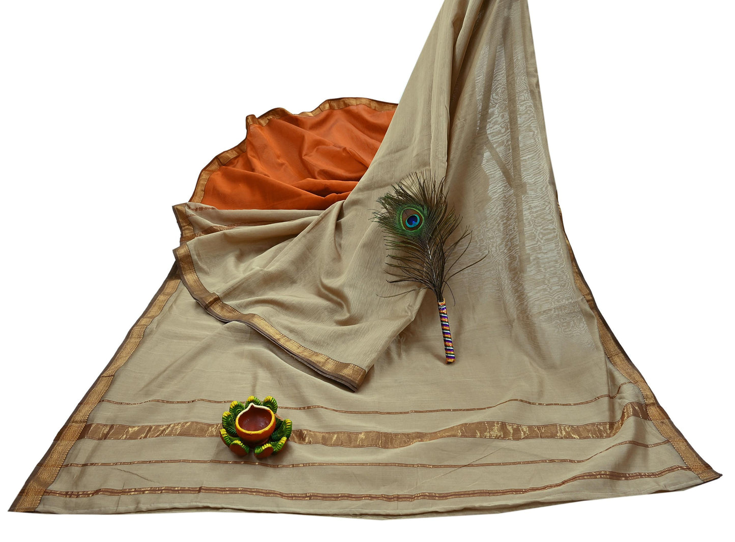Indian Vintage Sari Orange & Beige Pure chanderi Silk Woven Sarees Craft Fabric 8Yd Soft Golden Zari Bollywood Sarees Crafting Upcycle