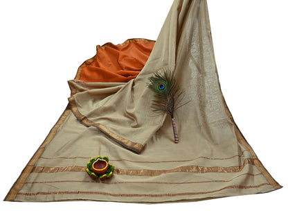 Indian Vintage Sari Orange & Beige Pure chanderi Silk Woven Sarees Craft Fabric 8Yd Soft Golden Zari Bollywood Sarees Crafting Upcycle